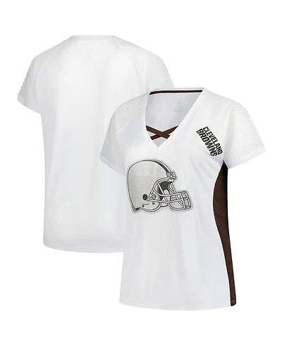Fanatics Women's White Cleveland Browns Plus Glitter Lace-Up V-Neck T-Shirt