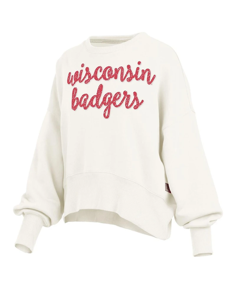 Pressbox Women's Cream Wisconsin Badgers Oversized Chelsea Waist Length Pullover Sweatshirt