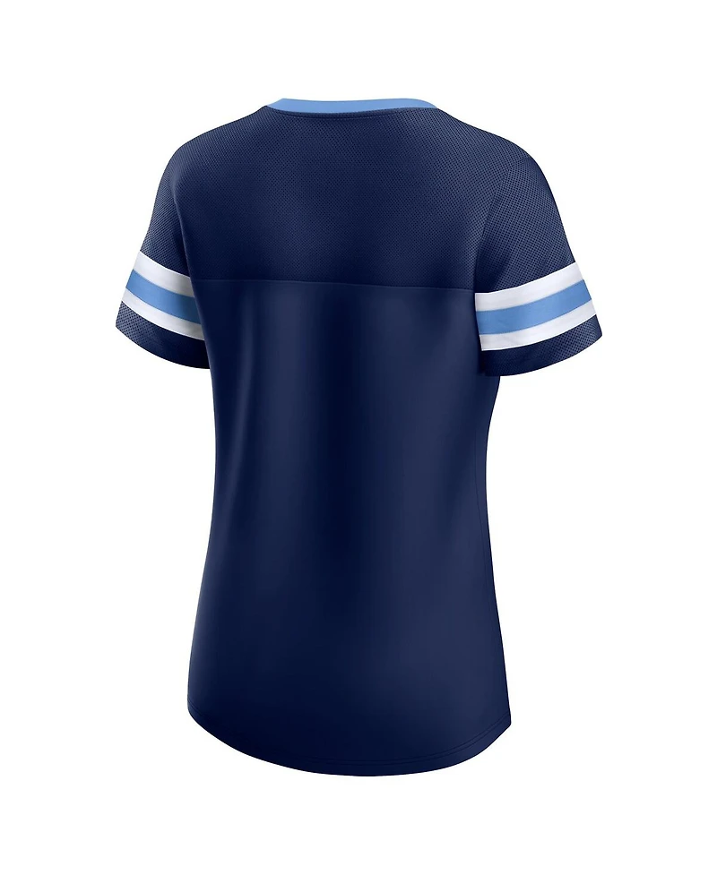 Fanatics Women's Navy Tennessee Titans True Catch Iconic Rhinestone Bling Athena Lace-Up T-Shirt