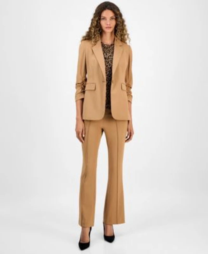 Bar Iii Womens One Button Scrunched Sleeve Jacket Leopard Print Short Sleeve Mesh Top High Rise Flared Leg Pants Macys Exclusive