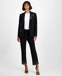 Anne Klein Womens Embellished One Button Jacket Embellished Mid Rise Capri Pants