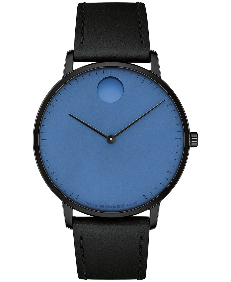 Movado Unisex Face Swiss Quartz Black Leather Watch, 41mm