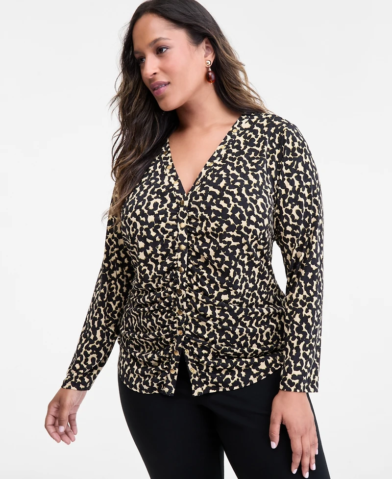 I.n.c. International Concepts Plus Printed V-Neck Blouse, Macy's Exclusive