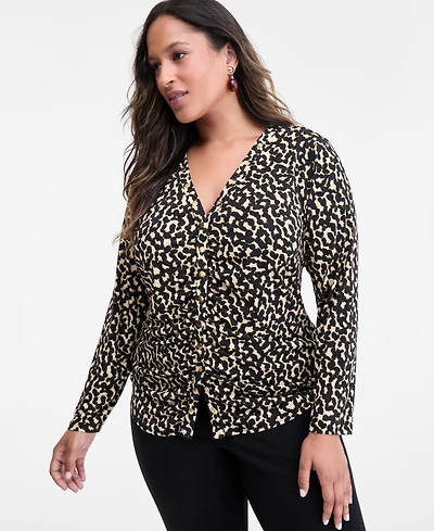 I.n.c. International Concepts Plus Printed V-Neck Blouse, Macy's Exclusive