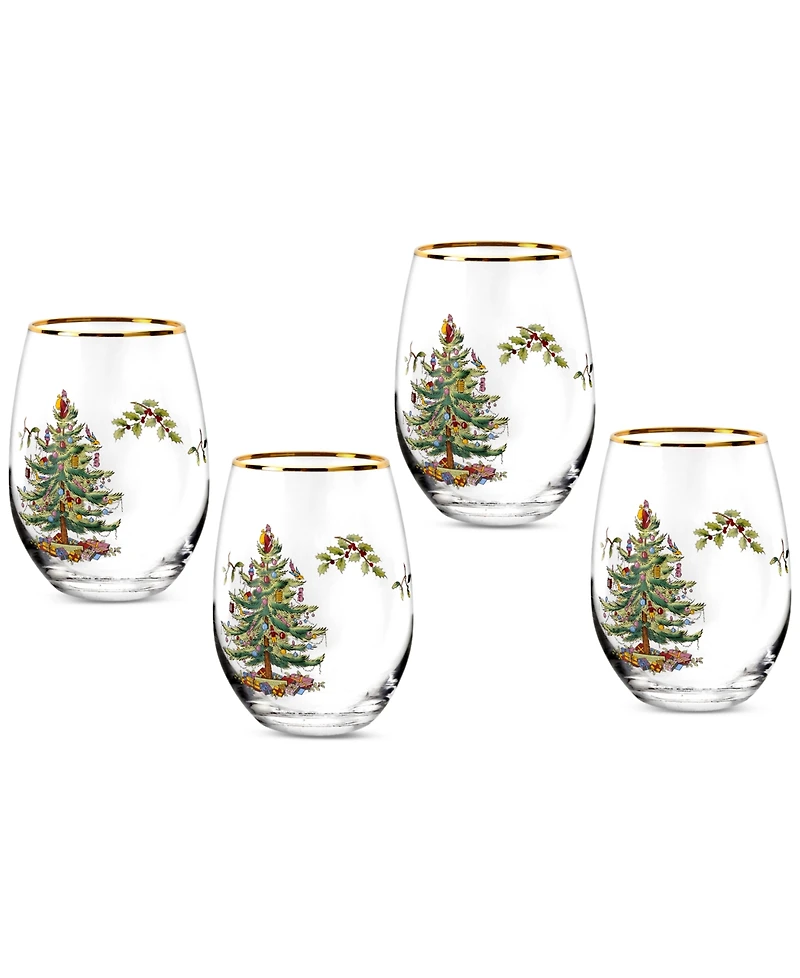 Spode Christmas Tree Stemless Wine Glasses, Set of 4