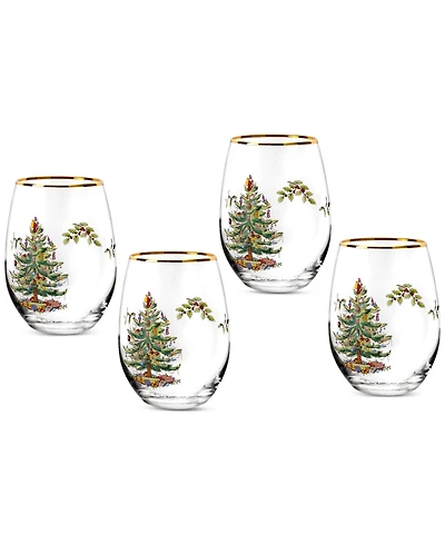 Spode Christmas Tree Stemless Wine Glasses, Set of 4