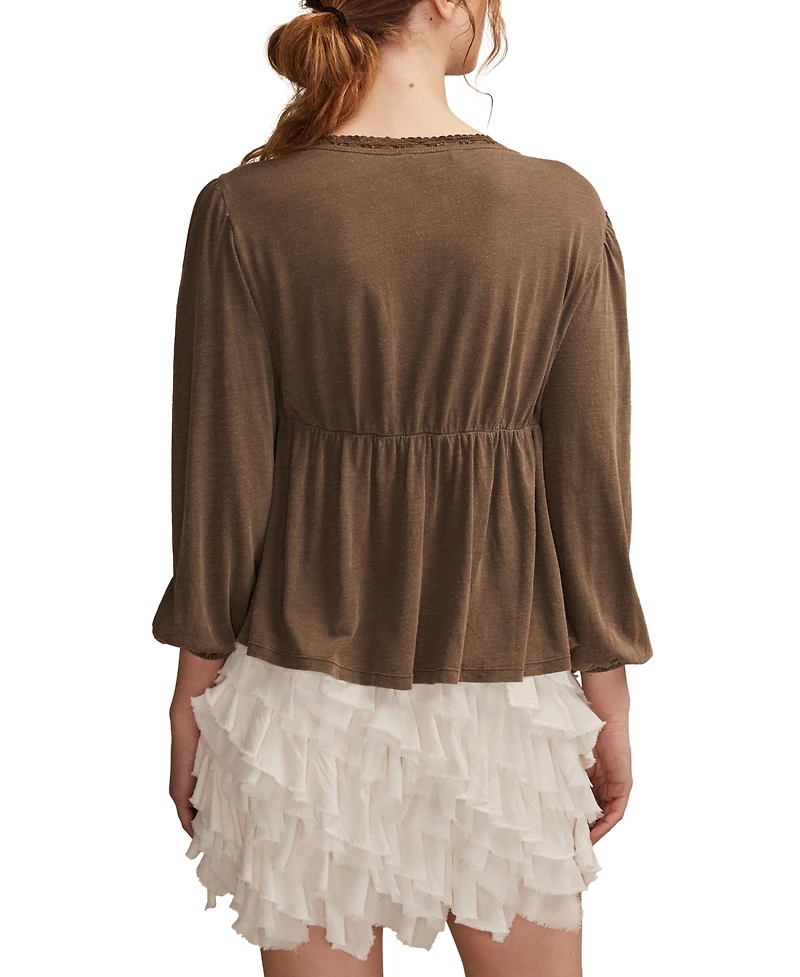 Lucky Brand Women's Embroidered Yoke Square Neck Top