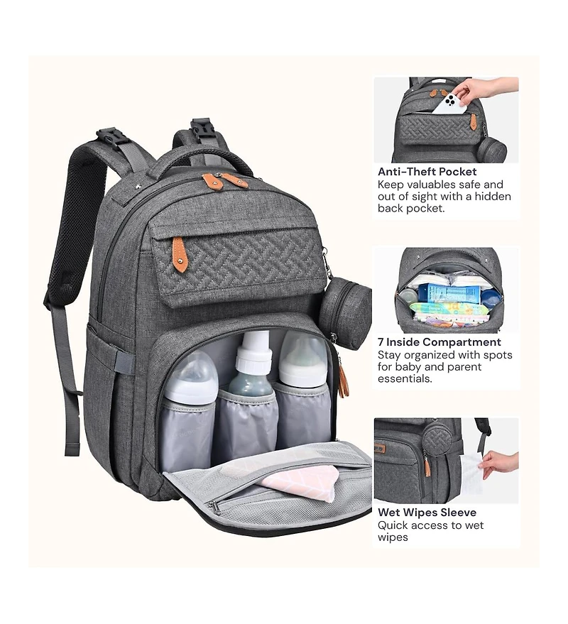 BabbleRoo Kids Diaper Bag Backpack Versatile Travel Mummy with Changing Pad & Accessories, Light Gray