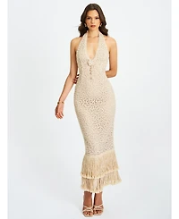 Miss Circle Women Faelyn Off-White Double Fringe Crochet Halter Maxi Dress