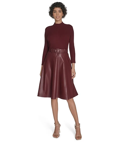 Calvin Klein Women's Pleather Combo Midi Dress