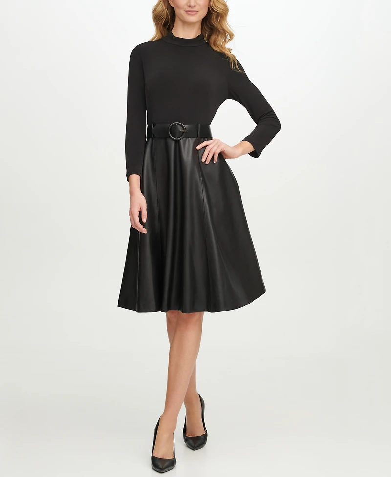 Calvin Klein Women's Ponte Pleather Combo Dress
