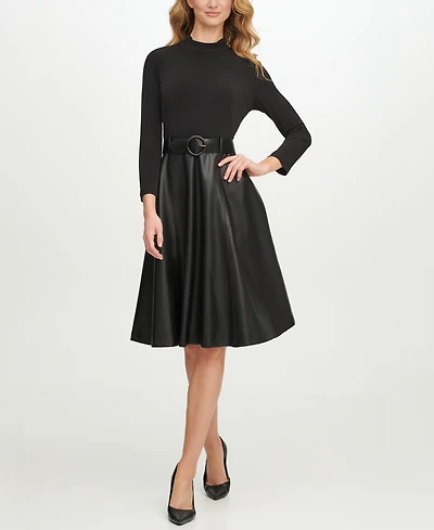 Calvin Klein Women's Ponte Pleather Combo Dress