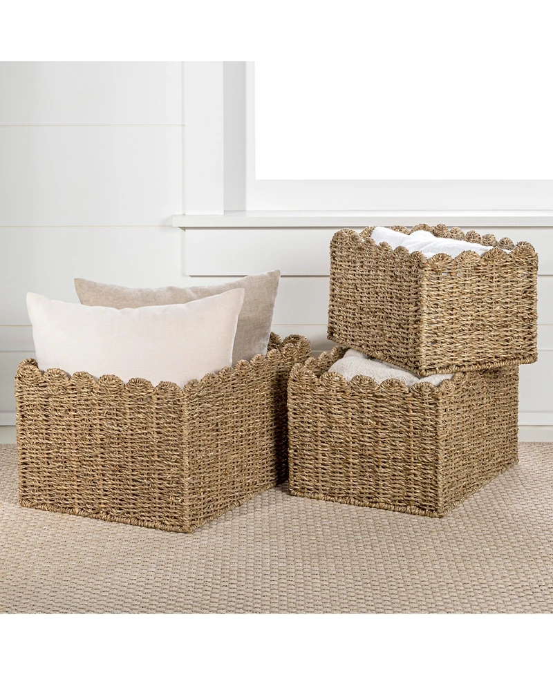 Happimess Arden Coastal Cottage Seagrass Scalloped Rectangular Organizing Storage Baskets (Set of 3)