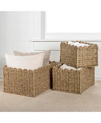 Happimess Arden Coastal Cottage Seagrass Scalloped Rectangular Organizing Storage Baskets (Set of 3)