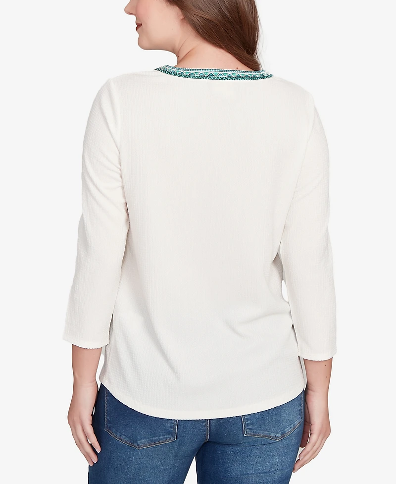 Ruby Rd. Petite Embellished Textured Split Neck Top