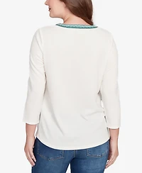 Ruby Rd. Petite Embellished Textured Split Neck Top