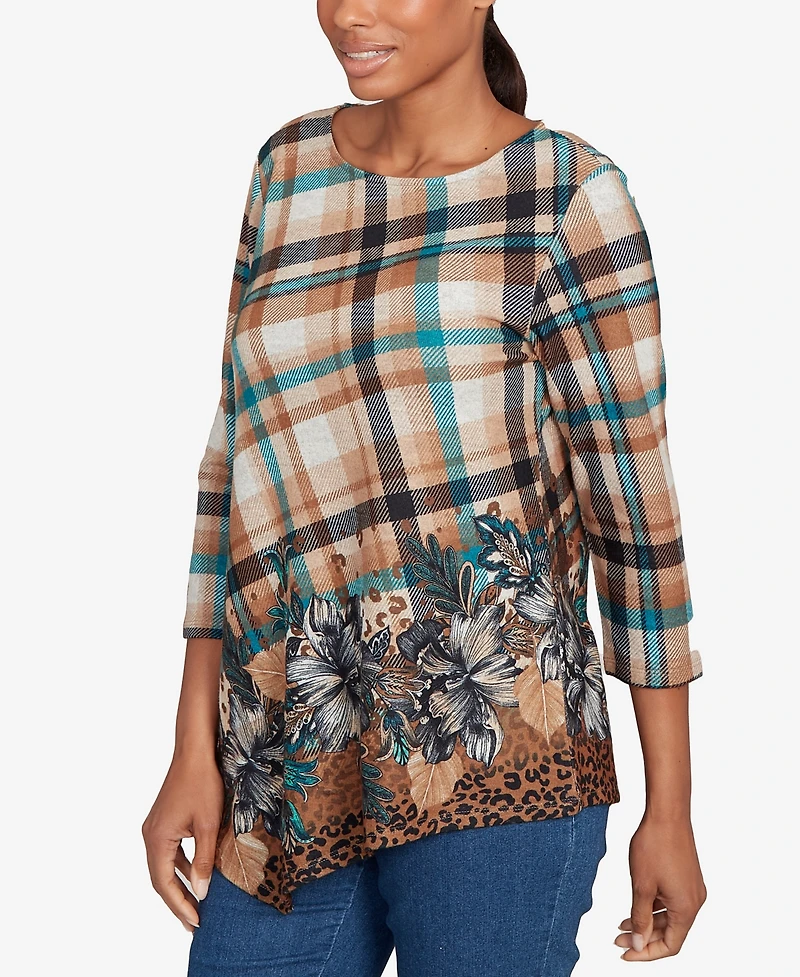 Ruby Rd. Petite Floral Plaid Cozy Ballet Neck Top