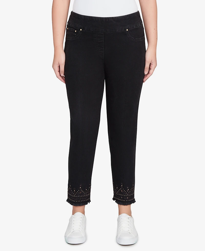 Ruby Rd. Petite Pull On Embroidered Hem Black Ankle Jeans