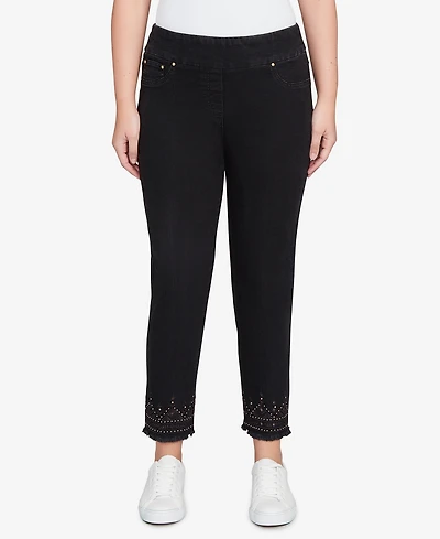 Ruby Rd. Petite Pull On Embroidered Hem Black Ankle Jeans