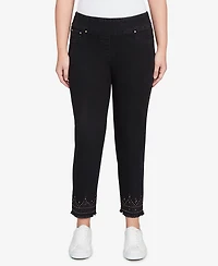 Ruby Rd. Petite Pull On Embroidered Hem Black Ankle Jeans