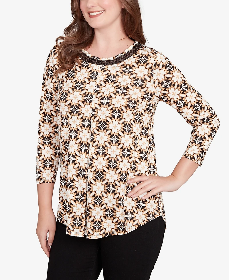 Ruby Rd. Petite Mesh Textured Geo Puff Print Top