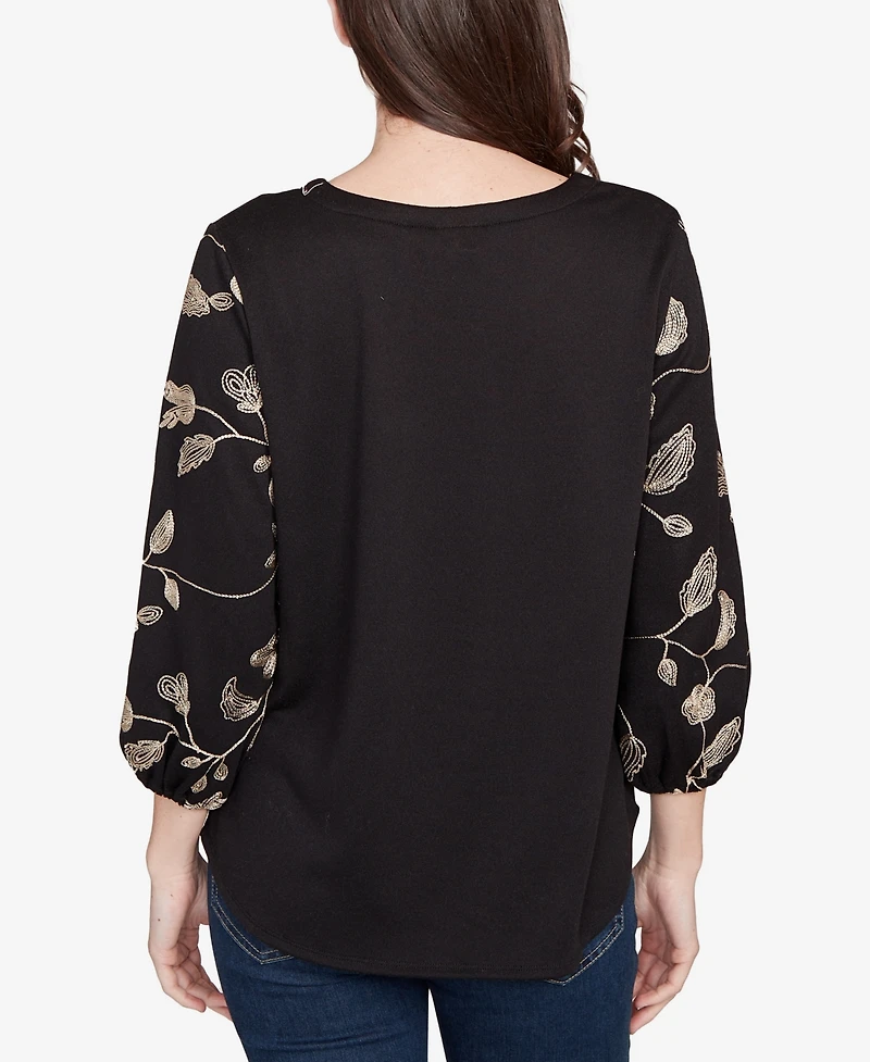 Ruby Rd. Petite Metallic Embroidered Floral Top
