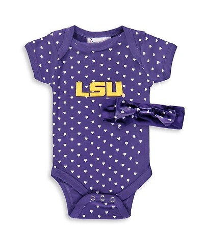 Two Feet Ahead Girls Baby Boys and Purple Lsu Tigers Hearts Bodysuit Headband Set