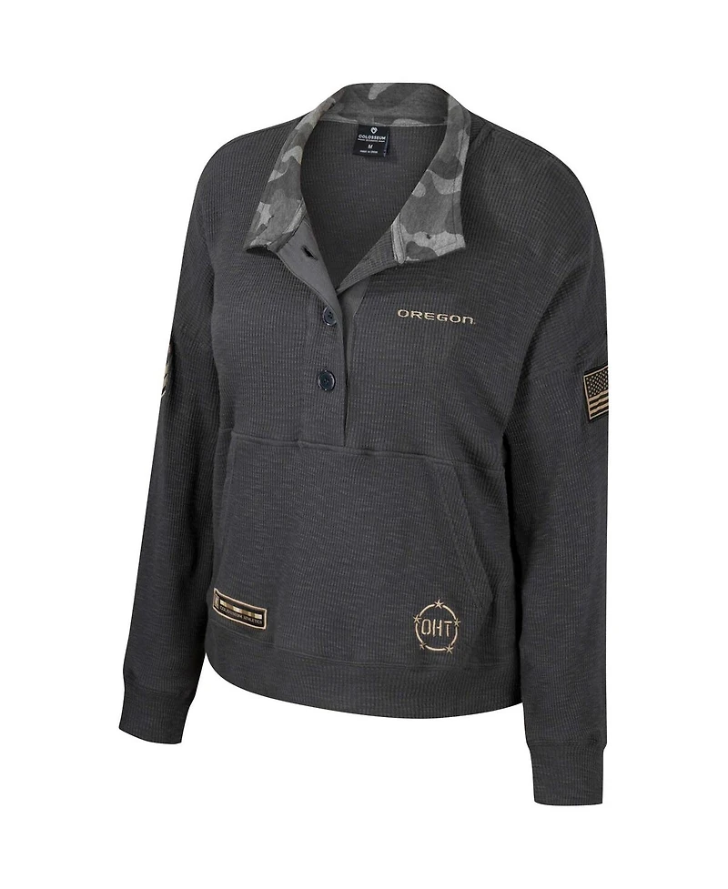 Colosseum Women's Heather Charcoal Oregon Ducks Oht Military Appreciation Payback Henley Thermal Sweatshirt