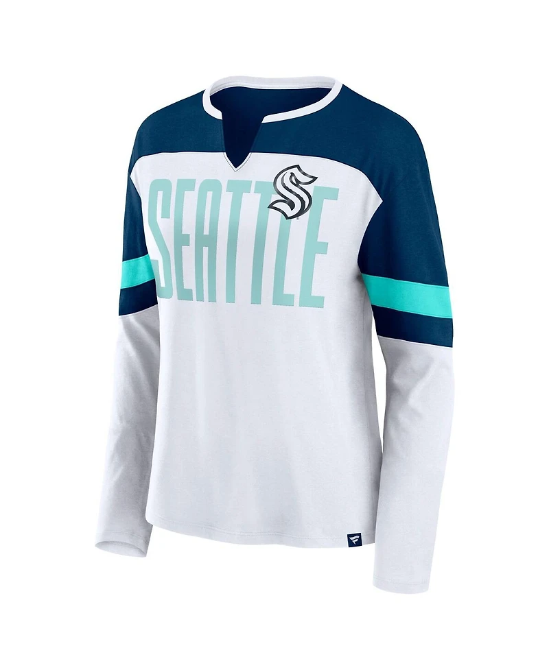 Fanatics Women's White/Navy Seattle Kraken Frozen Long Sleeve Notch Neck T-Shirt