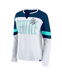 Fanatics Women's White/Navy Seattle Kraken Frozen Long Sleeve Notch Neck T-Shirt