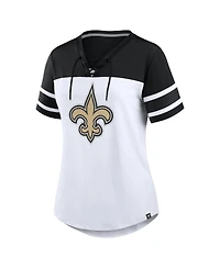 Fanatics Women's White/Black New Orleans Saints Athena Rhinestone Lace-Up V-Neck T-Shirt