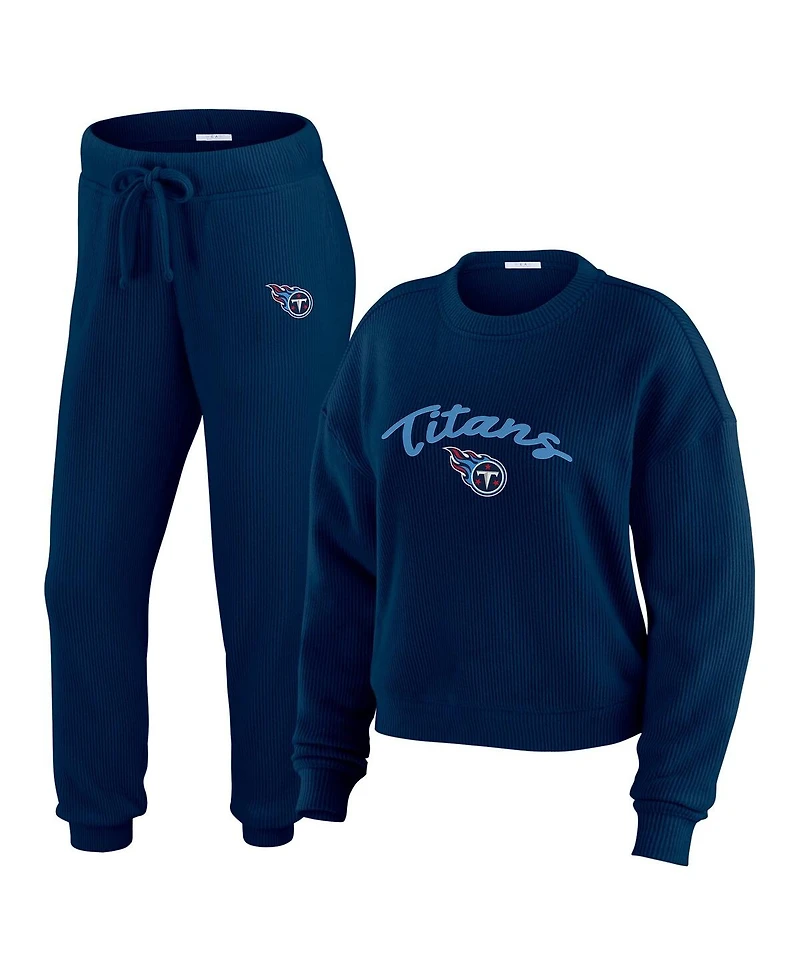 Wear by Erin Andrews Women's Cream Tennessee Titans Knitted Tri-Blend Long Sleeve T-Shirt Pants Lounge Set