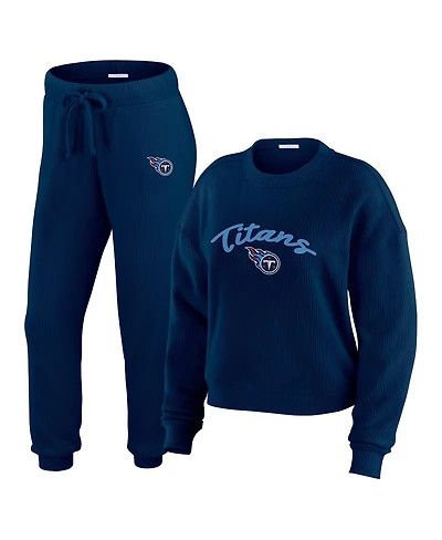 Wear by Erin Andrews Women's Cream Tennessee Titans Knitted Tri-Blend Long Sleeve T-Shirt Pants Lounge Set