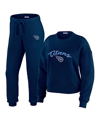 Wear by Erin Andrews Women's Cream Tennessee Titans Knitted Tri-Blend Long Sleeve T-Shirt Pants Lounge Set