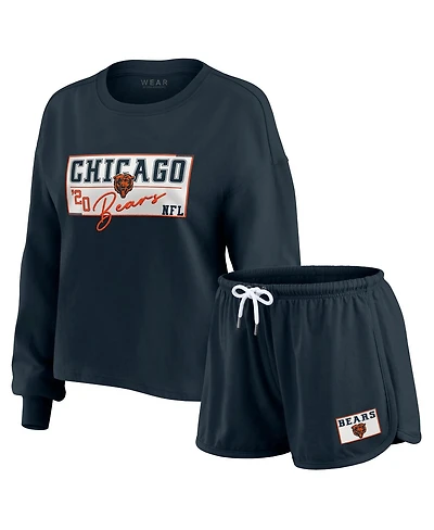 Wear by Erin Andrews Women's 2-Piece Navy Chicago Bears Heavy Rugby Jersey Long Sleeve T-Shirt and Shorts Lounge Set
