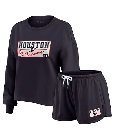 Wear by Erin Andrews Women's 2-Piece Navy Houston Texans Heavy Rugby Jersey Long Sleeve T-Shirt and Shorts Lounge Set