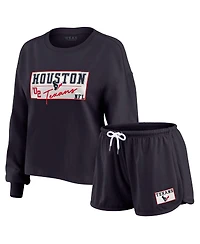 Wear by Erin Andrews Women's 2-Piece Navy Houston Texans Heavy Rugby Jersey Long Sleeve T-Shirt and Shorts Lounge Set
