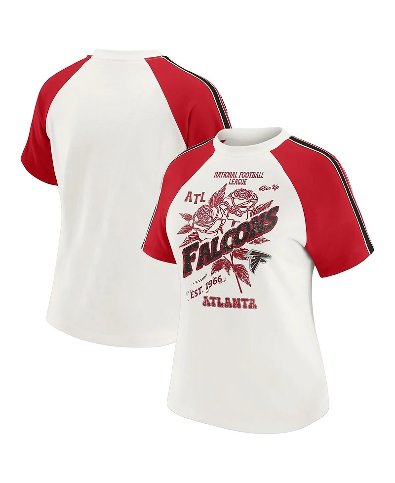 Wear by Erin Andrews Women's White Atlanta Falcons Sleeve Stripe Distressed Raglan T-Shirt