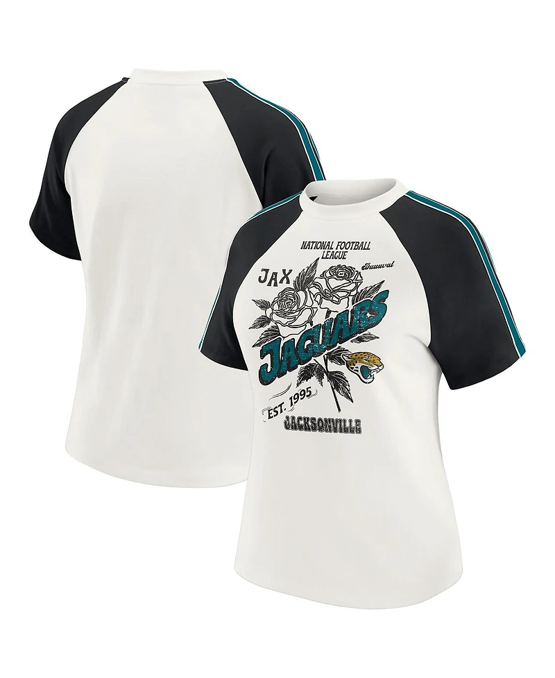 Wear by Erin Andrews Women's White Jacksonville Jaguars Sleeve Stripe Distressed Raglan T-Shirt