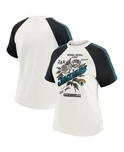 Wear by Erin Andrews Women's White Jacksonville Jaguars Sleeve Stripe Distressed Raglan T-Shirt