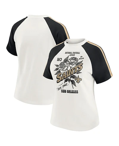 Wear by Erin Andrews Women's White New Orleans Saints Sleeve Stripe Distressed Raglan T-Shirt