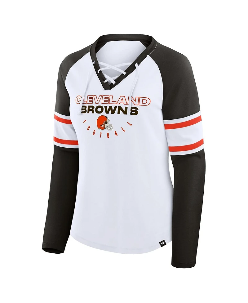 Fanatics Women's White/Brown Cleveland Browns Redzone Blitz Package Raglan Lace-Up V-Neck Long Sleeve T-Shirt