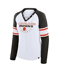 Fanatics Women's White/Brown Cleveland Browns Redzone Blitz Package Raglan Lace-Up V-Neck Long Sleeve T-Shirt
