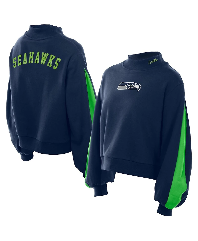 New Era Women's College Navy Seattle Seahawks Sport Night Mock Neck Balloon Sleeve Pullover Sweatshirt