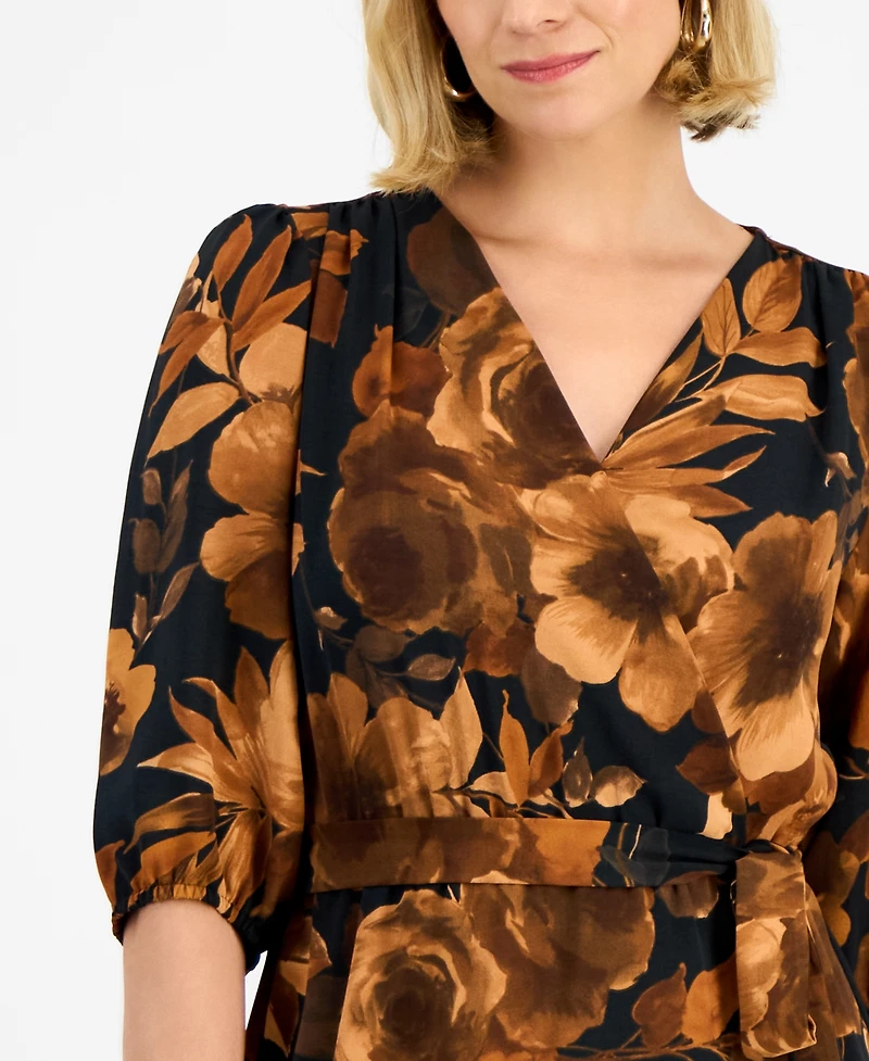 Connected Women's Faux-Wrap Long-Sleeve Maxi Dress