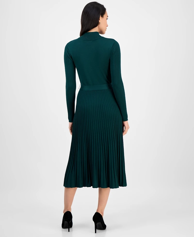 Sandra Darren Women's Tie-Front Pleated Mock-Neck Sweater Dress