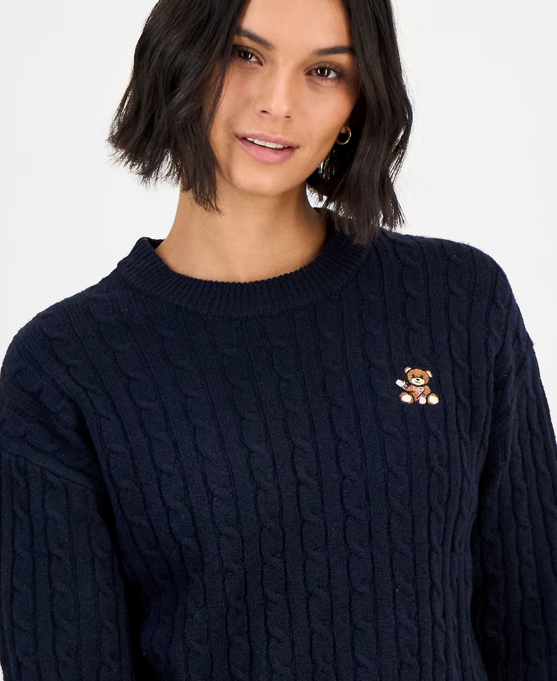 Hooked Up by Iot Juniors' Bear-Embroidered Cable-Knit Sweater
