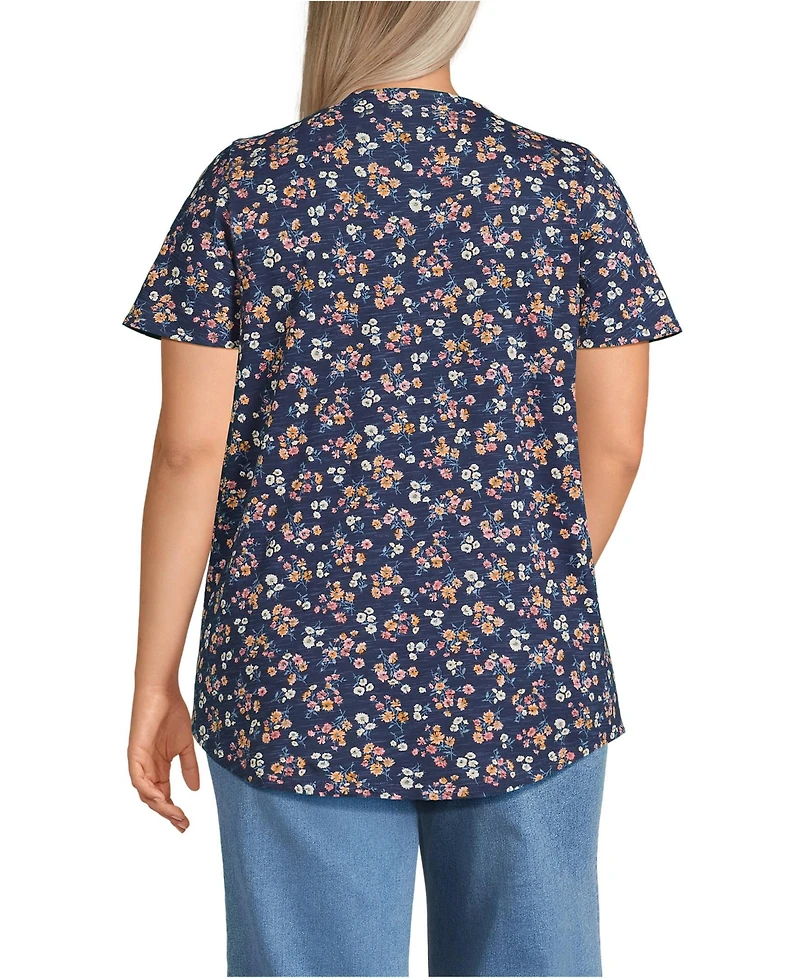 Lands' End Women's Plus Slub Flutter Sleeve Lace Trim Notch Neck Tunic Top