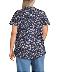 Lands' End Women's Plus Slub Flutter Sleeve Lace Trim Notch Neck Tunic Top