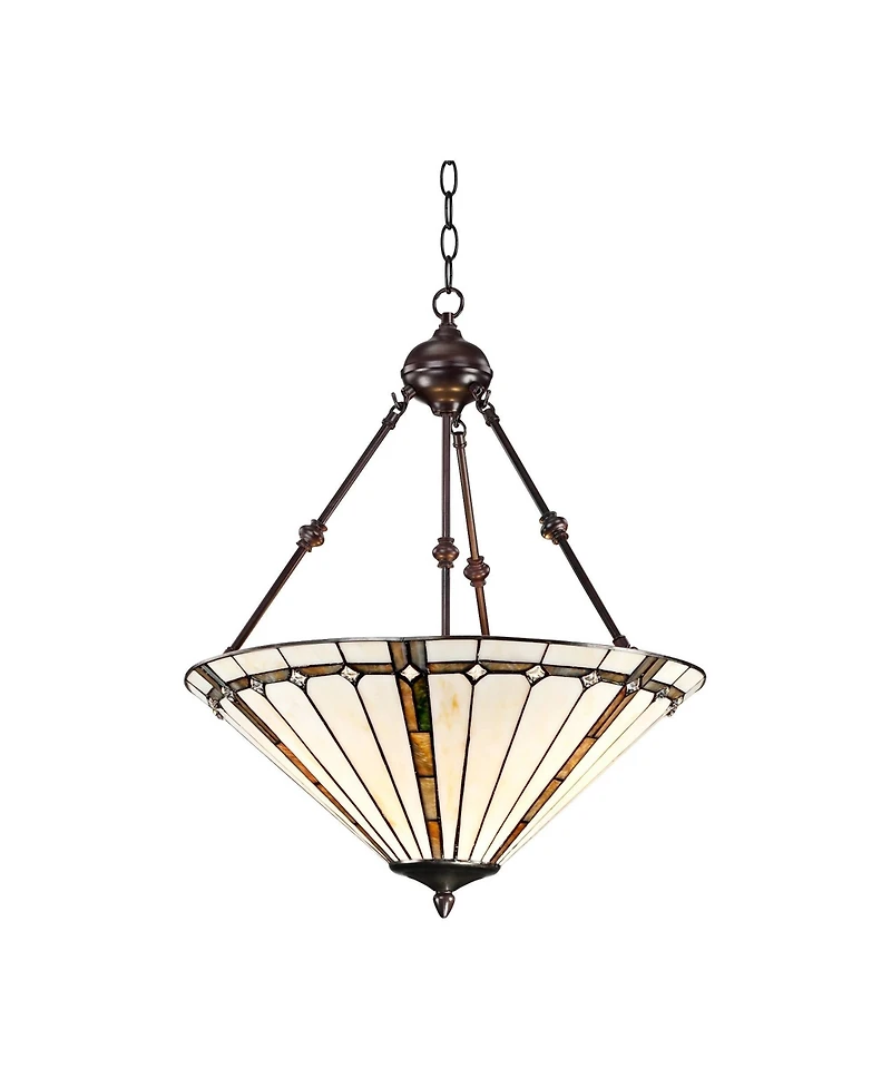 Robert Louis Tiffany Bronze Pendant Chandelier 20" Wide Tiffany Style Gold Texture Ivory Stained Glass Dining Room House Kitchen